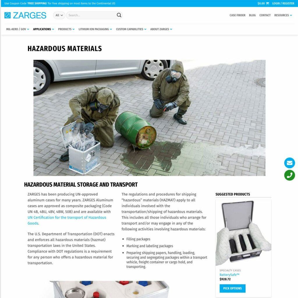 ZARGES USA Hazardous Materials landing page