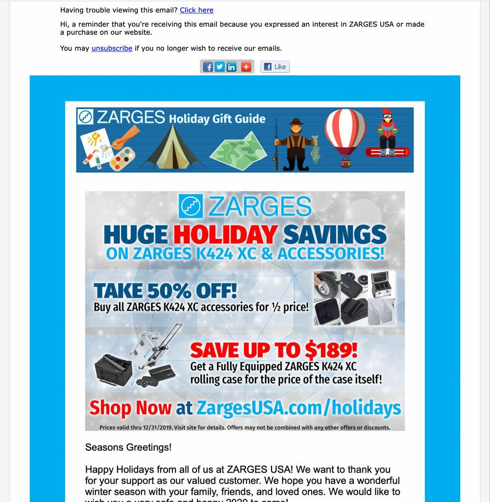ZARGES holiday email